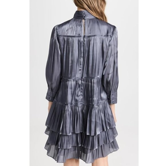 CINQ À SEPT 'Riva' Tiered Satin Plisse Mini-Dress, Iridescent Slate - Picture 4 of 5